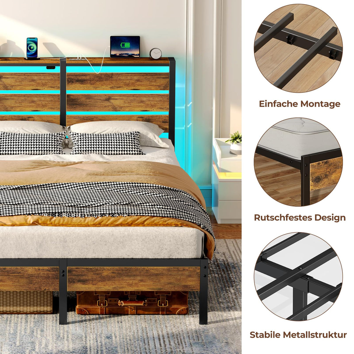 Rolanstar Bed Frame King Size with USB Charging Station, LED Bed Frame with Wood Storage Headboard, Rustic Brown Metal Platform Bed with Under Bed Storage, No Box Spring Needed, Noise Free Rolanstar