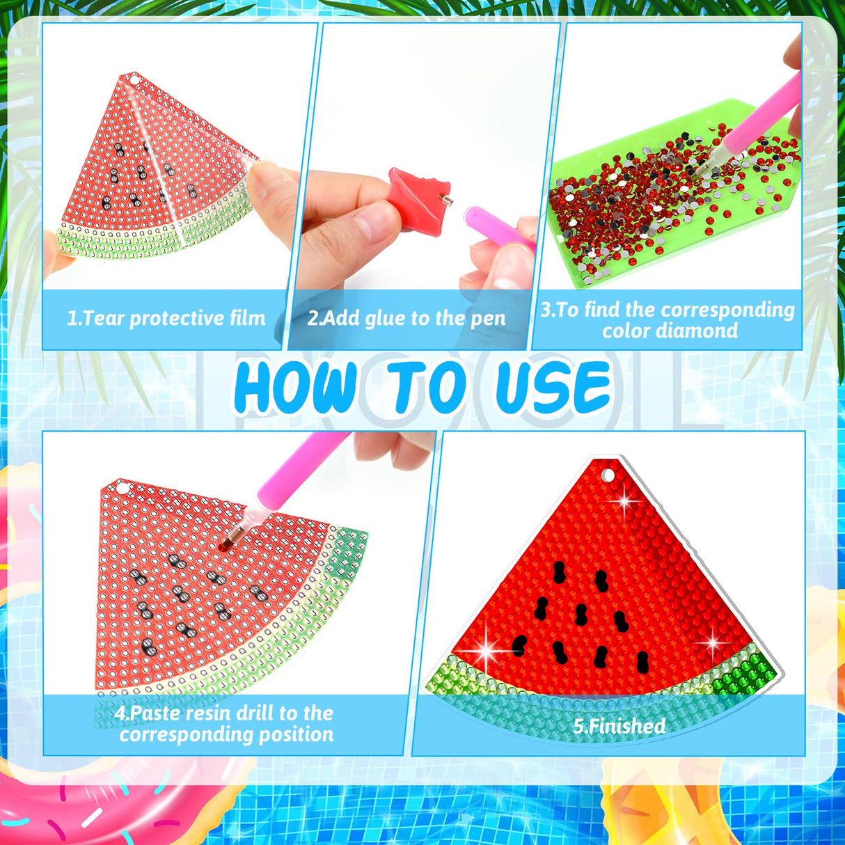 Thinkday 12 Pack Summer Diamond Painting Keychain Kits 5D Diamond Art Keychains DIY Painting Kit Summer Hanging Diamond Art Kits Diamond Art for Kids DIY Crafts (Summer) Thinkday