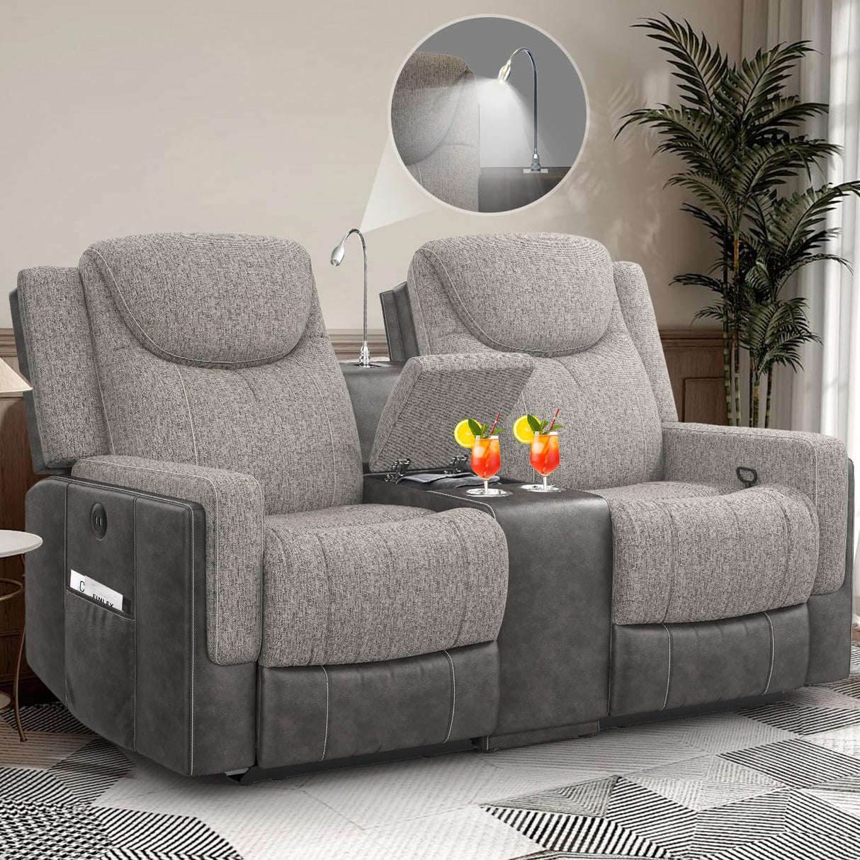 Dresegmt Loveseat Recliner, Manual Reclining Loveseat Sofa with Reading Light, Chic Blend Style Sofa, Storage Console, Cup Holders, USB Ports, Fabric & PU Leather, Recliner Couch for Living Room/RV Dresegmt