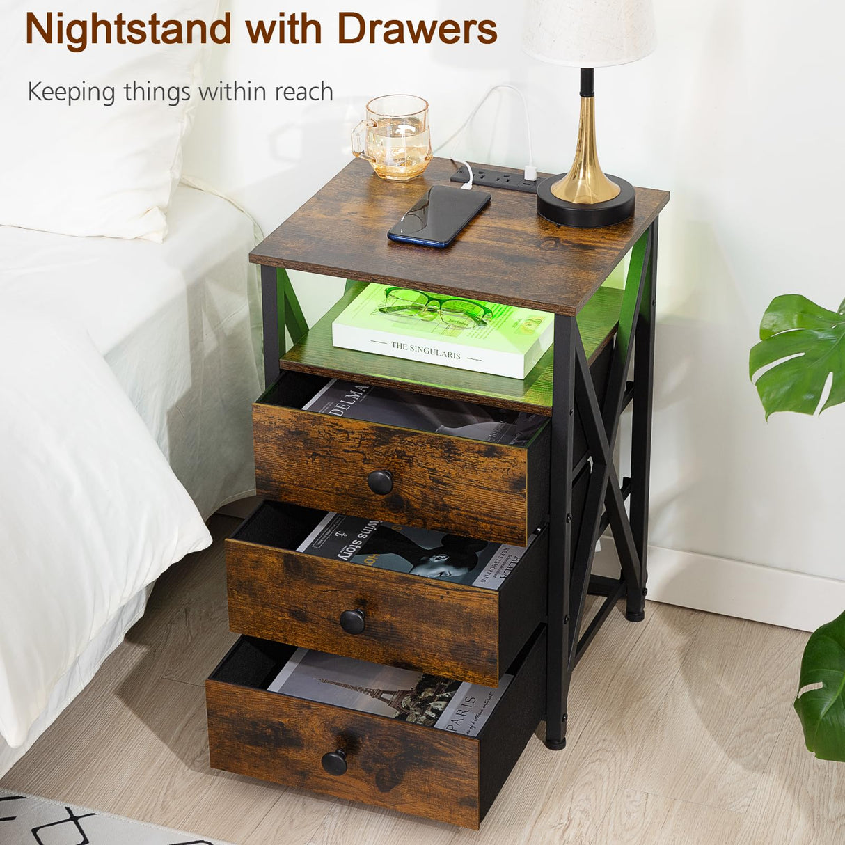 AMHANCIBLE Night Stand Set 2, LED Nightstand with Charging Station, End Side Tables with USB Port & Outlet, Bedside Tables with Fabric Drawers for Bedroom Living Room, Rustic Brown HET053LBR AMHANCIBLE