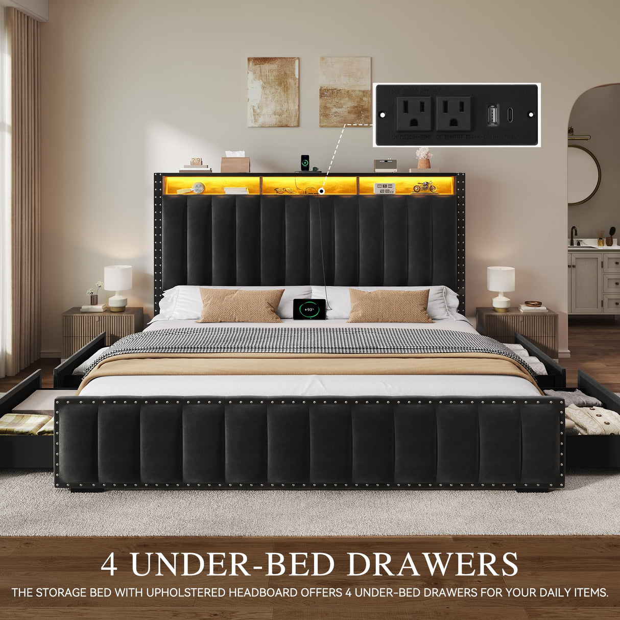 DWVO King Size Bed Frame with 4 Storage Drawers and RGB LED Lights, Velvet Upholstered Platform Bed with Charging Station and Bookcase Storage Headboard, No Box Spring Needed, Easy Assembly, Black DWVO