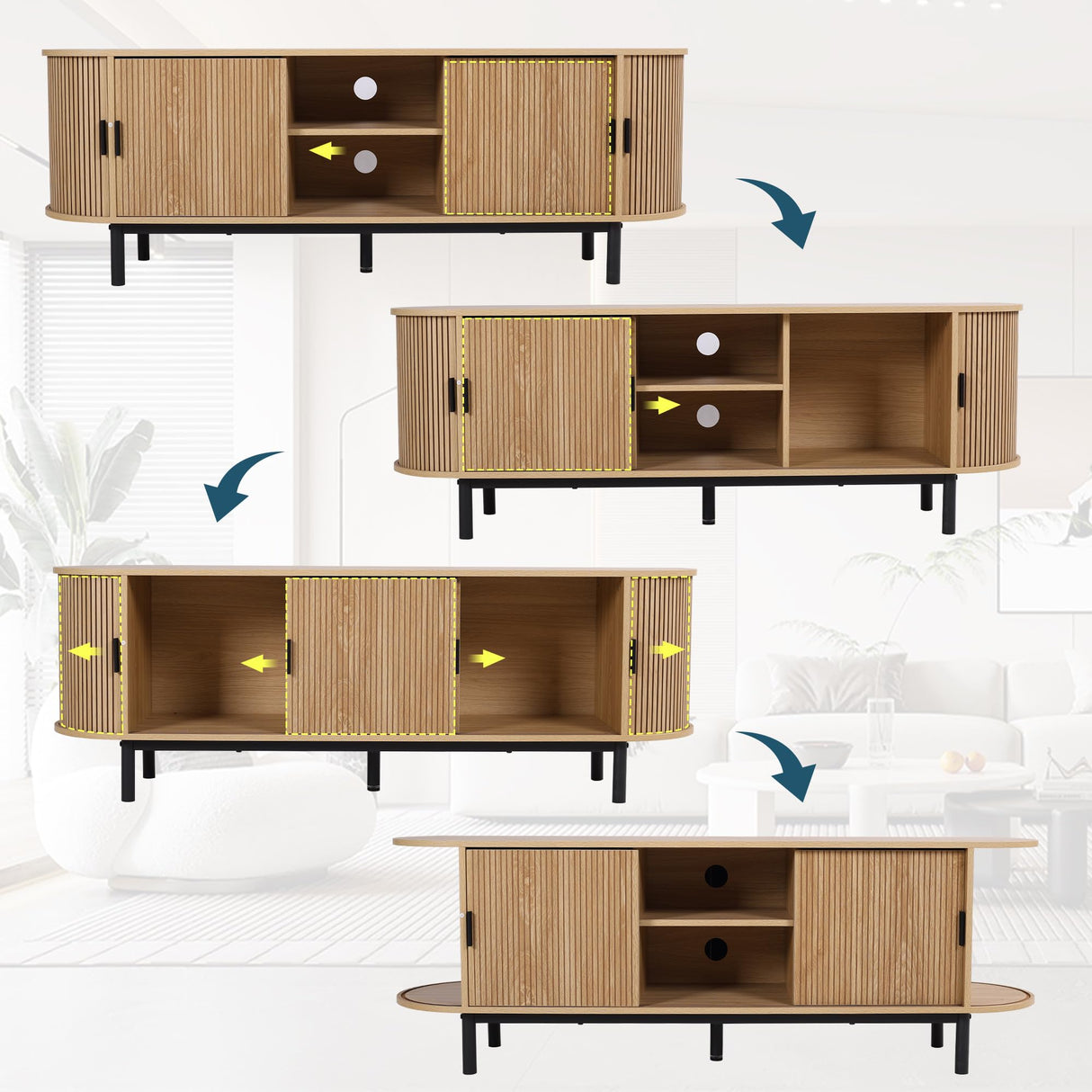 FurSch 62" Tambour Door TV Stand,Wood Mid Century Modern TV Cabinet for Up to 65“ TV,Curved Edge Long TV Stand with Storage for Bedroom Living Room (Natural, 62.2inch) FurSch