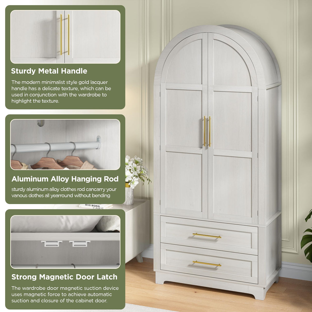 Maupvit Wardrobe Closet, Modern Armoire Wardrobe Closet with 2 Drawers and Arched Doors, 73" Tall Wooden Bedroom Armoires with Shelves and Hanging Rod, White Maupvit