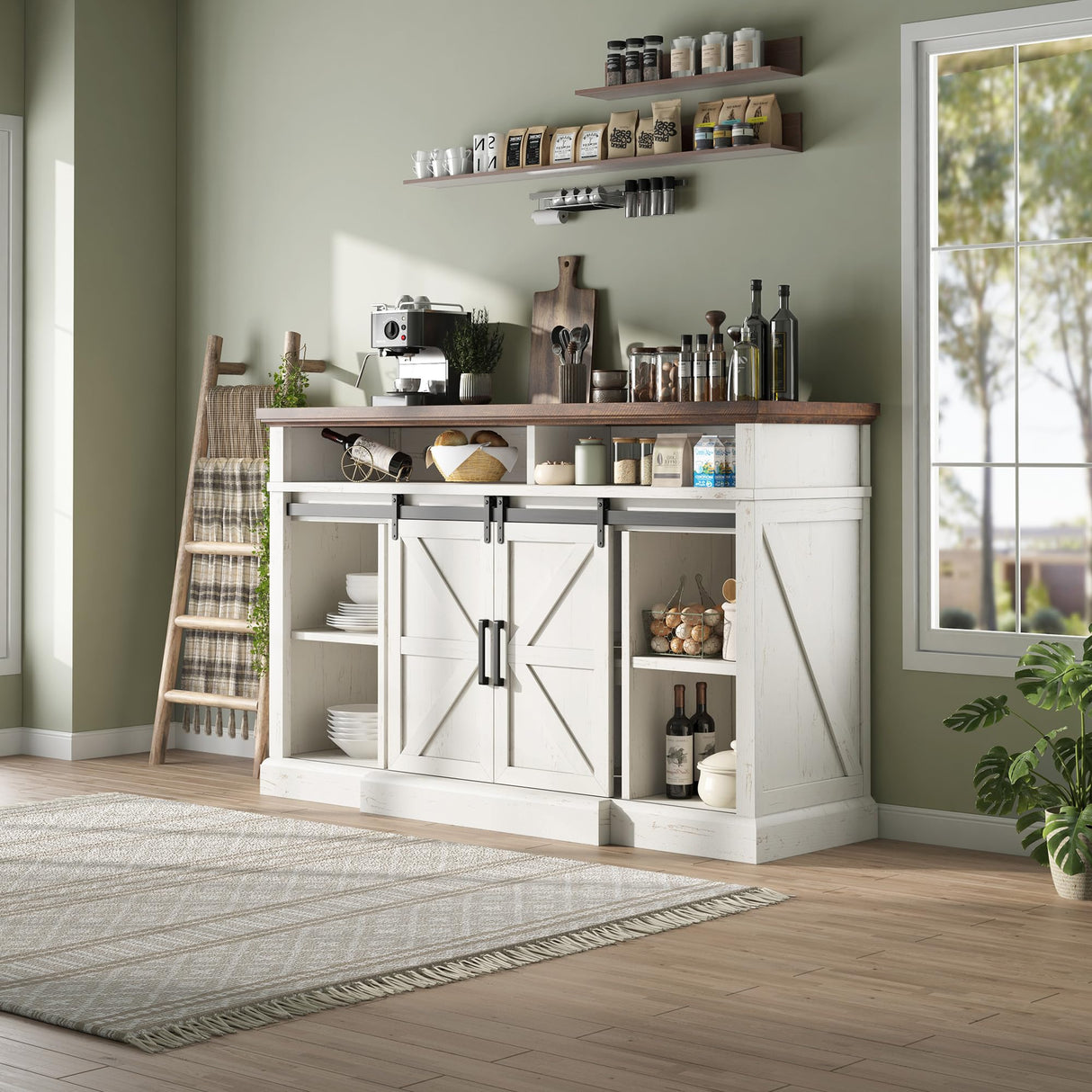 AMERLIFE 66" W Farmhouse TV Stand, Wood 40" H Tall Entertainment Center with Sliding Barn Door & Large Storage Shelves, Rustic Media Console for TVs up to 75", Distressed White AMERLIFE