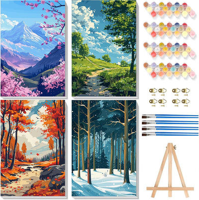4 Pack Framed Paint by Numbers Kit for Adults Beginners-Four Season Adult Paint by Number Kits on Canvas Framed, Landscape DIY Acrylic Oil Painting by Numbers for Adults for Gift Home Decor(8x12inch)