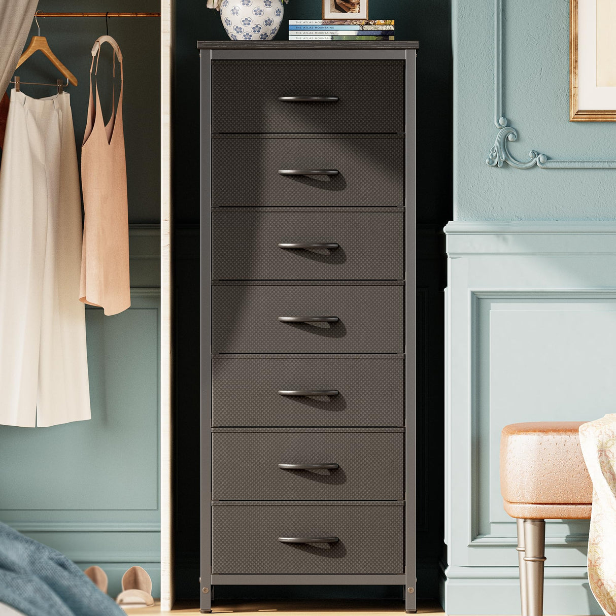 Huuger Tall Dresser for Bedroom, 7 Drawer Dresser & Chests of Drawers, Fabric Dresser for Closet, Bedroom, Night Stand, End Table with Metal Frame, Storage Tower with Fabric Bins, Black Huuger