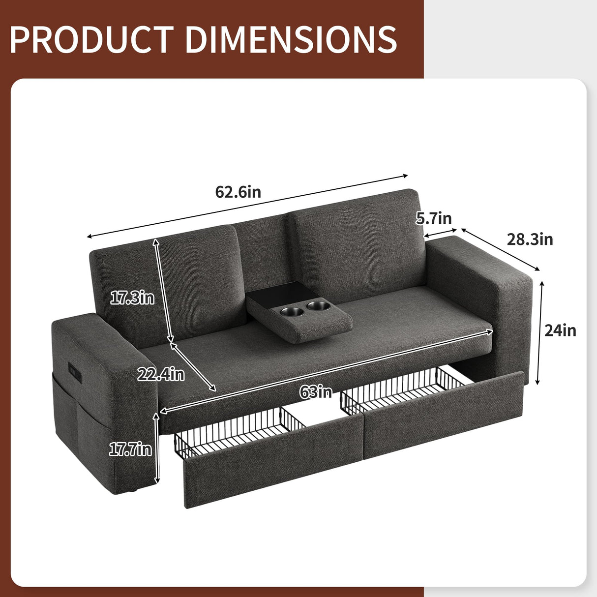 Maupvit 75” Loveseat Sofa with 2 Drawers, USB & Type-C Charging Port, Comfortable Linen Living Room Couch with Small Table Board, Upholstered Small Settee Fits Bedroom, Office, Grey Maupvit
