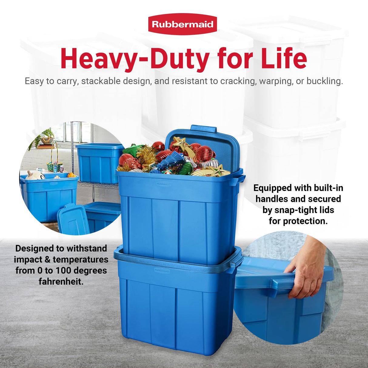 Rubbermaid Roughneck Tote 18 Gal, 6 Pack, Made in USA, Heritage Blue, Rugged Plastic Stackable Storage Bins with Lids and Handles Rubbermaid