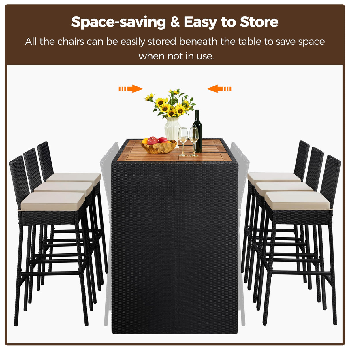 Yaheetech 7 Piece Patio Dining Set Outdoor Acacia Wood Bar Table and Chairs with Removable Cushions, Wicker Furniture Set for Deck, Backyard, Garden, Black/Beige Yaheetech