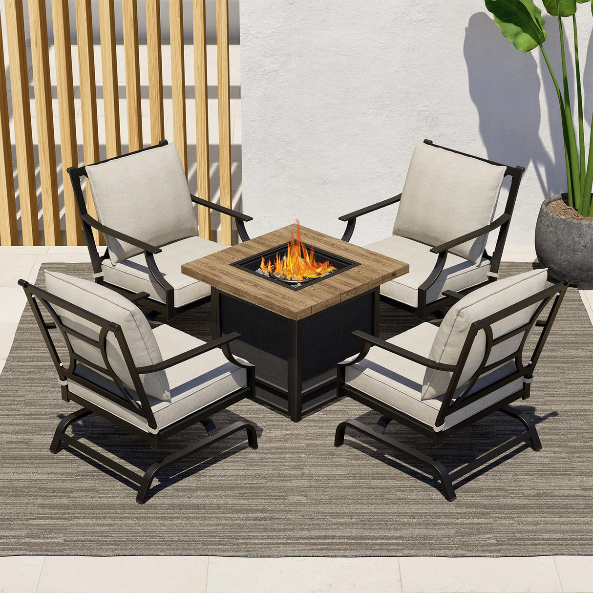 Grand patio 5-Piece Patio Furniture Set with 29-Inch CSA Approved Woodgrain Propane Gas Fire Pit Table Outdoor Rocking Chairs with Gray Olefin Cushions for Dining Party Grand patio