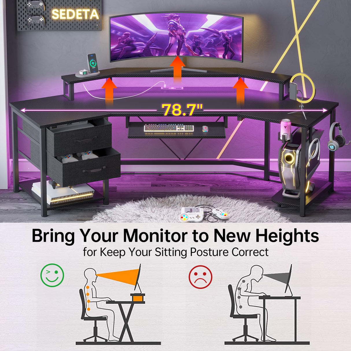 SEDETA 79" Gaming Desk, Computer Desk with 2 Fabric Drawers & LED Light, L Shaped Gaming Desk with Storage Shelf for Home Office, Carbon Fiber Black SEDETA