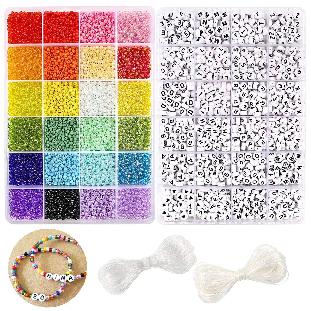 DICOBD 12000pcs 3mm Glass Seed Beads for Bracelets Making Kit with Letter Alphabet Beads, Friendship Bracelet Kits 8/0 Craft Bead for Jewelry Making Necklaces and Key Chains with 2 Rolls of Cord DICOBD