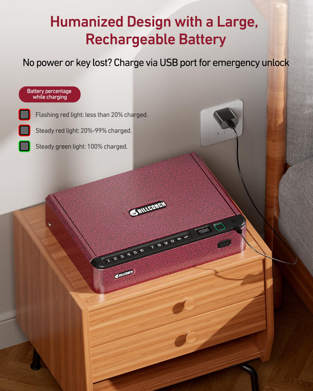 BILLCONCH Smart Gun Safe with Security Cable - Biometric Gun Safe for Handgun 4 Ways Quick Access with Fingerprint/Keypad/Key/APP Lock for Bedside Home Car with LCD/Voice Guide - Burgundy Red BILLCONCH