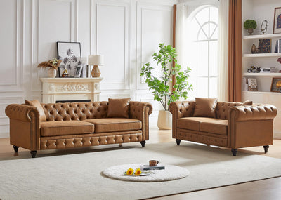 2 Piece Living Room Sofa Set,High-tech Fabric Button Tufted Couch and Loveseat Set with Nailhead Trim&Roll Armrests,Mid Century Modern Chesterfield Sofa for Living Room,Office(Loveseat+3 Seater,Brown)