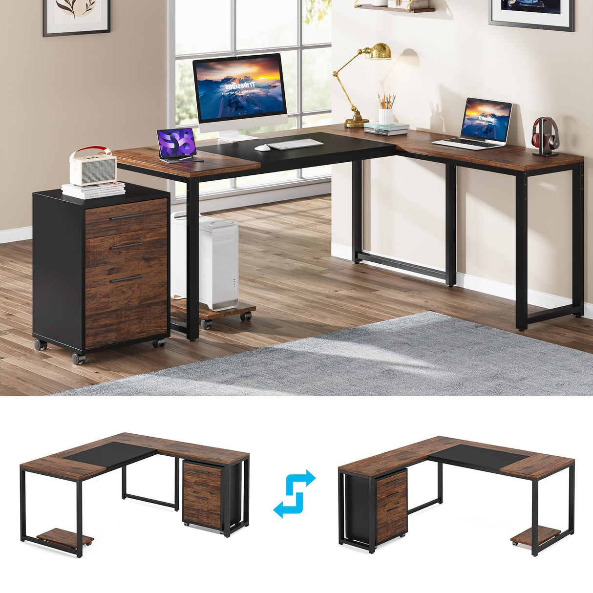 Tribesigns 63" L-Shaped Computer Desk with Mobile File Cabinet, Large Executive Office Desk with 3-Drawer Vertical Filing Cabinet, Business Furniture Sets for Home Office Tribesigns