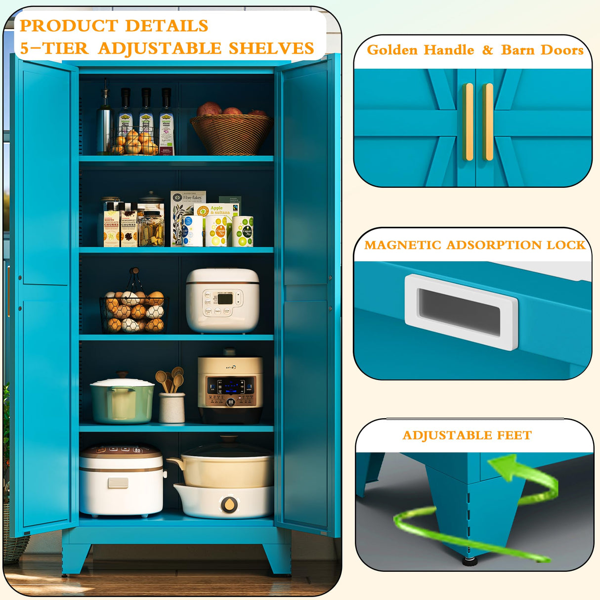 Boegica 71" Tall Metal Farmhouse Kitchen Pantry,Barn Doors Pantry Cabinet with Adjustable Shelves,Farmhouse Storage Cabinet,Modern Cupboard for Kitchen,Dining Room,Living Room,Bathroom,Blue Boegica