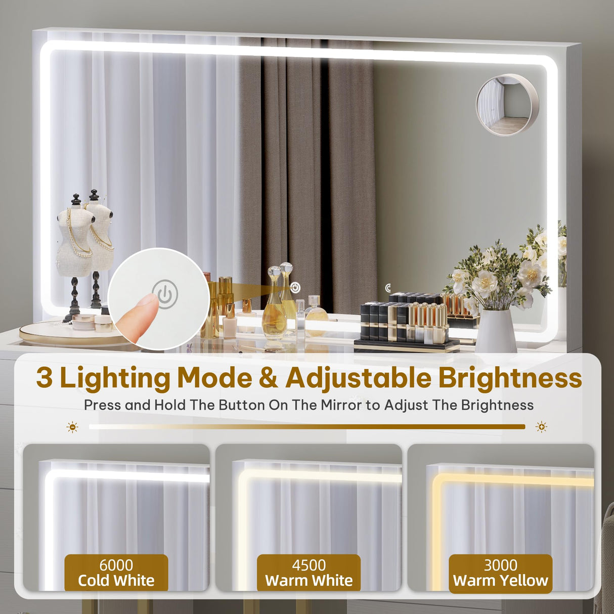 DWVO Vanity Desk with Mirror and Lights, Large Vanity Set with Charging Station, Makeup Table with 8 Drawers, Dimmable 3 Lighting Colors, Makeup Desk for Bedroom and Dressing Room, White DWVO