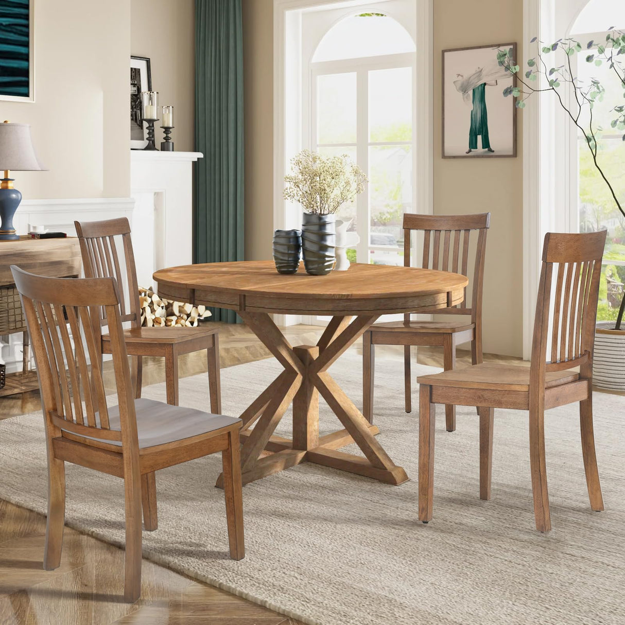 COLAMY Wooden Dining Chairs Set of 4, Spindle High Back Windsor Kitchen Side Chair, Farmhouse Dining Chairs for Kitchen and Dining Room, Light Brown COLAMY