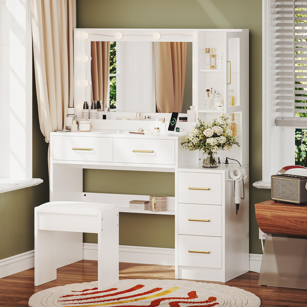 Makeup Vanity with Lights & Charging Station, White Vanity Table with 5 Drawers & Open Storage Shelves, Vanity Desk with Mirror & Lights, Dressing Table Set for Women Girls, Bedroom Makeup Table Set TOKSOM