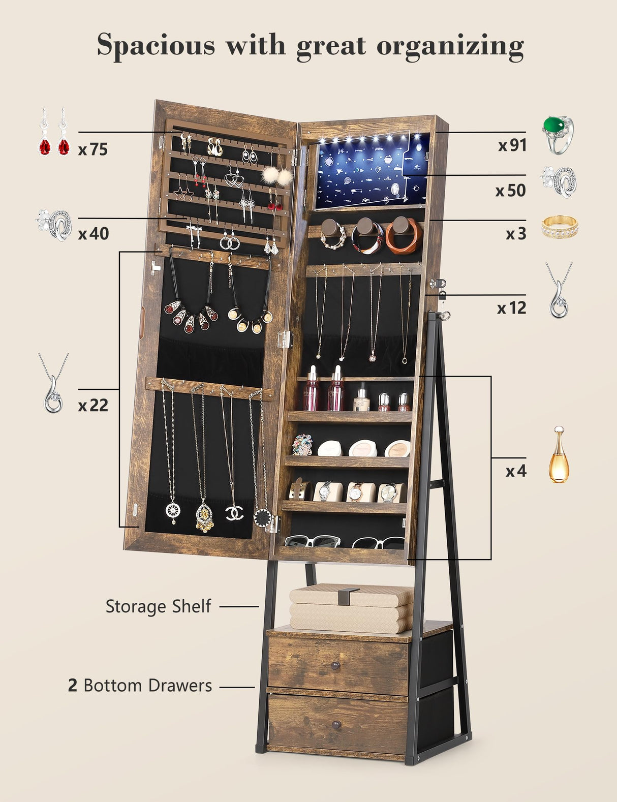 Nicetree Jewelry Cabinet Armoire with 2 Drawers, Lockable Standing Jewelry Mirror Cabinet, Full Length Mirror with Jewelry Storage, Rustic Brown Nicetree