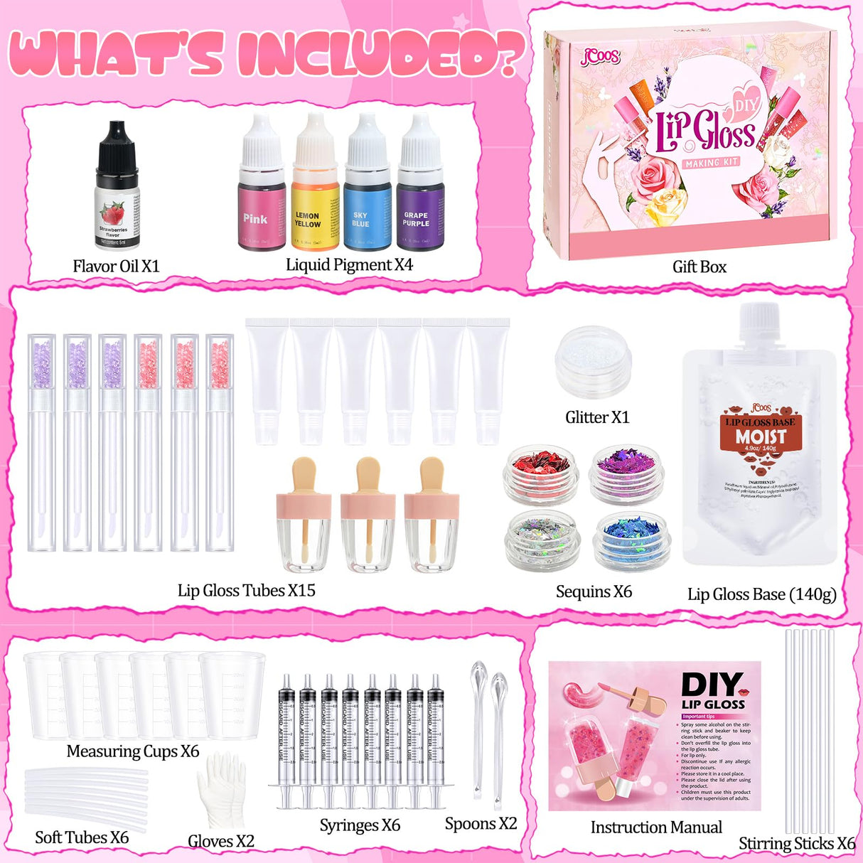JCOOS Lip Gloss Making Kit - DIY Lip Gloss Set for Women & Teens, Gift for Her Jcoos