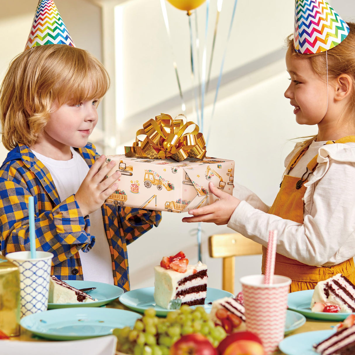 SaringSwoon Construction Birthday Wrapping Paper for Boys Kids- Gift Wrap With Tractor & Trucks, Happy Birthday, Balloons, Cake and Gifts for Birthday, Baby Shower - 28x40 Inches, 4 Folded Sheets SaringSwoon