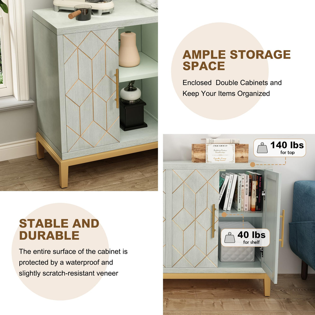 ARTPOWER Accent Cabinet with 4 Doors, Modern Credenza Storage Cabinet, Carved Decorative Sideboard Buffet Cabinet for Living Room, Kitchen, Office, and Hallway, Green ARTPOWER