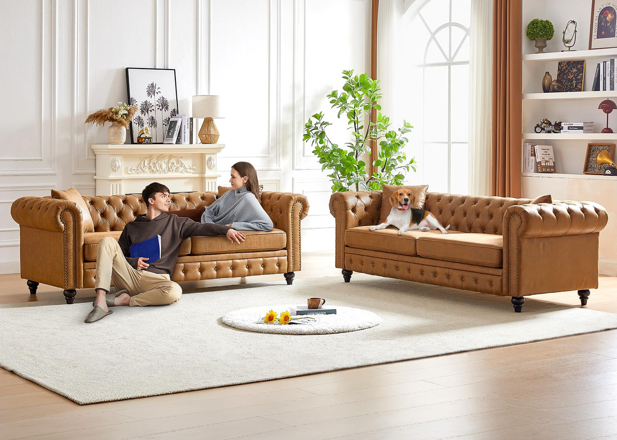 2 Piece Living Room Sofa Set,High-tech Fabric Button Tufted Couch and Loveseat Set with Nailhead Trim&Roll Armrests,Mid Century Modern Chesterfield Sofa for Living Room,Office(Loveseat+3 Seater,Brown) JEEOHEY