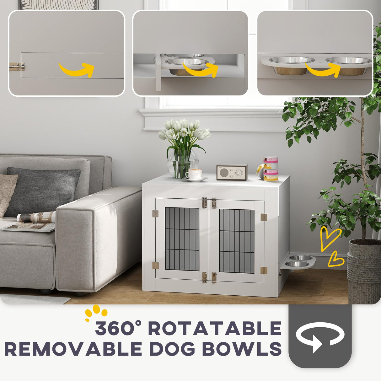 PawHut Dog Crate Furniture w/ 360° Rotatable Removable Dog Bowls, Dog Kennel Furniture w/Two Doors, Non-Slip Foot Pads, Furniture Dog Crate End Side Table for Medium Dogs, 31.5" x 24" x 25", White PawHut