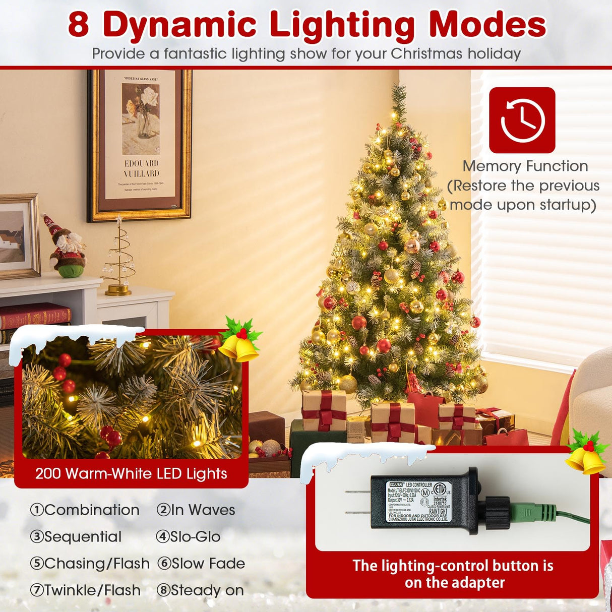 Goplus 5ft Pre-Lit Christmas Tree, Artificial Hinged Xmas Tree with 200 Warm-White LED Lights, 8 Lighting Modes, 450 Branch Tips, Red Berries & Pinecones, for Holiday Party Office Home Decor Goplus