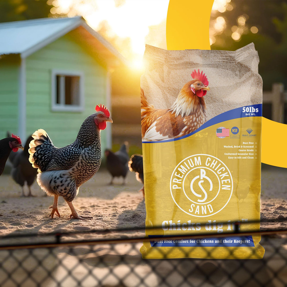 Premium Chicken Sand, 50 lb Bag Odor Eliminating Bedding for Chicken Coops, Nesting Boxes & Runs Premium Chicken Sand