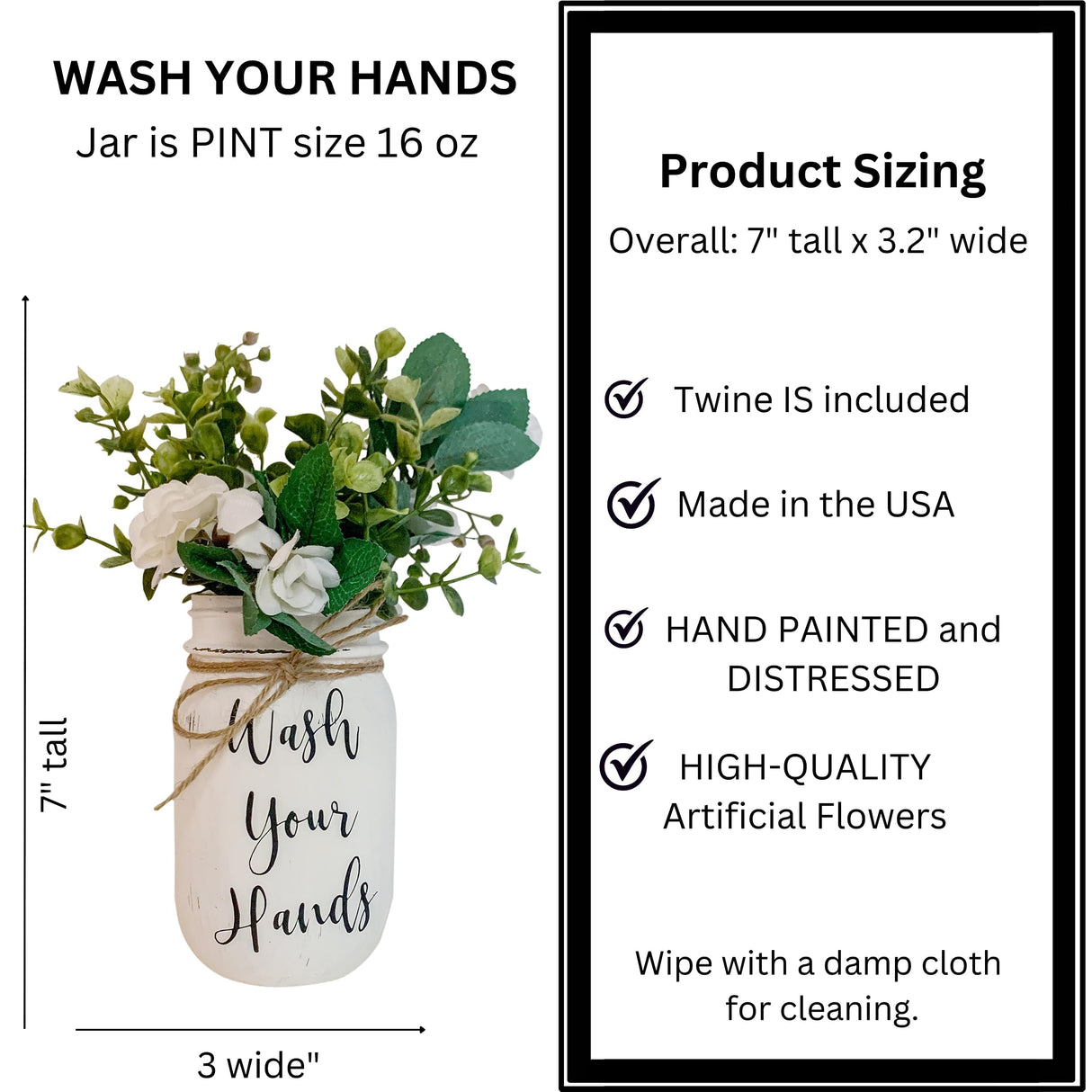 Wash Your Hands Mason Jar, Hand Painted and Distressed Mason Jar Decor, Pint 16 oz. Regular Mouth, Artificial Flower Arrangement for Bathroom, Rustic Farmhouse Bathroom Decor for Shelf Viva's Flower Shop