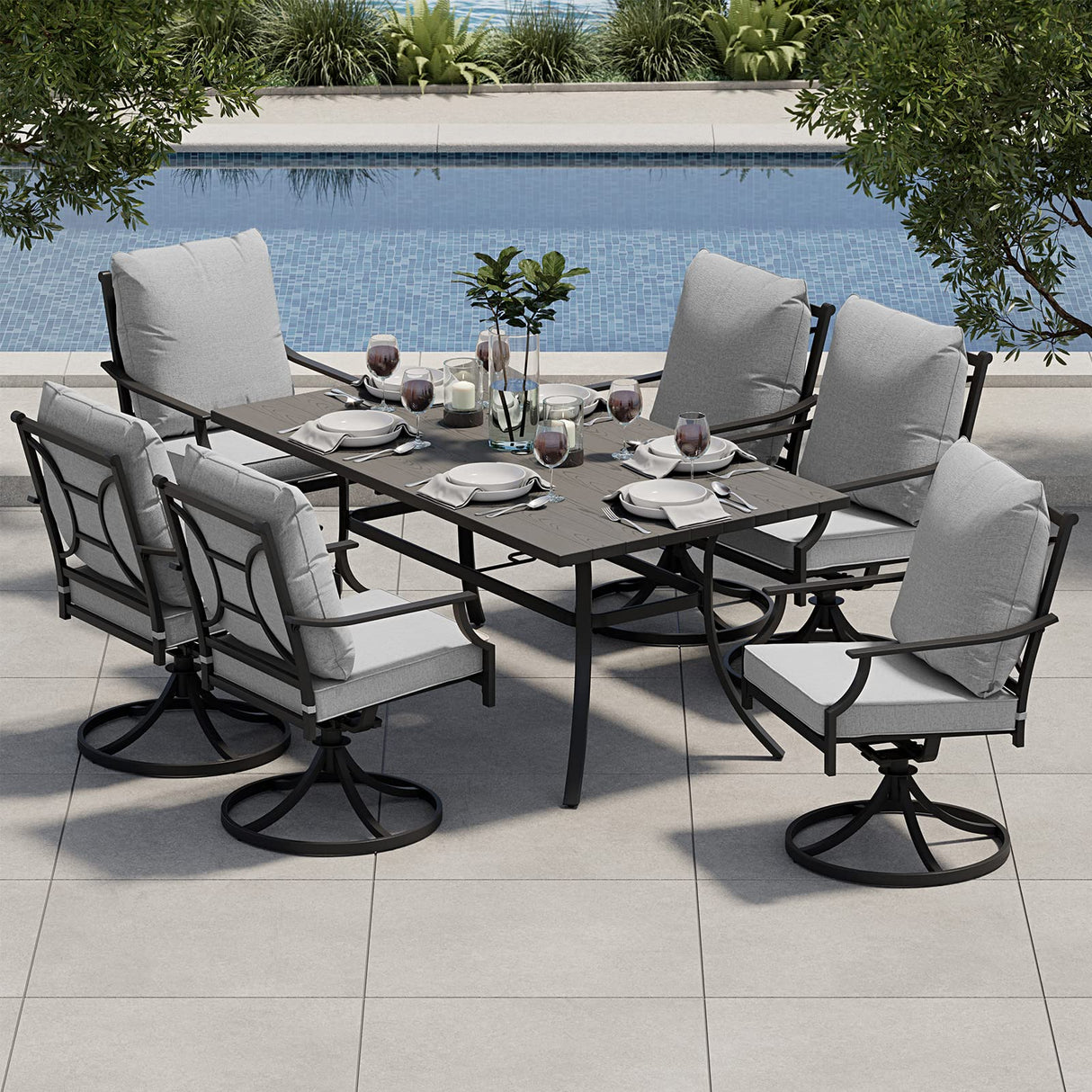Grand patio 7-Piece Patio Dining Set for 6, E-Coated Outdoor Dining Set Swivel Patio Dining Chairs with Olefin Cushions & 1 Black Rectangular Faux Woodgrain Dining Table with 1.5”Market Umbrella Hole Grand patio