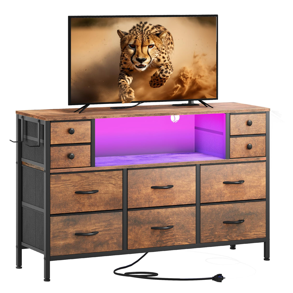 YITAHOME TV Stand with Charging Station, Dresser TV Stand for 55'' TV, 10 Drawer Dresser for Bedroom, Media TV Console Table with Side Pockets & Hooks, Storage Fabric Drawer Unit for Bedroom, Wood YITAHOME