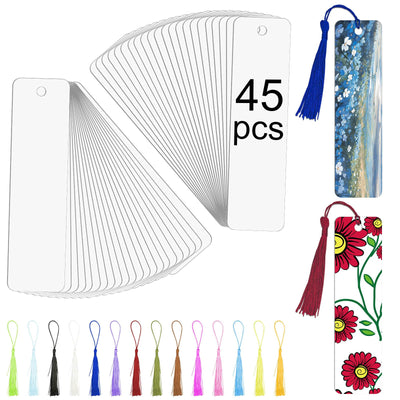 45 Pcs Sublimation Bookmarks,Sublimation Bookmark Blank Aluminum Metal Bookmarks Bulk DIY Bookmarks with Hole and Colorful Tassels for Crafts Reading School Office Supplies