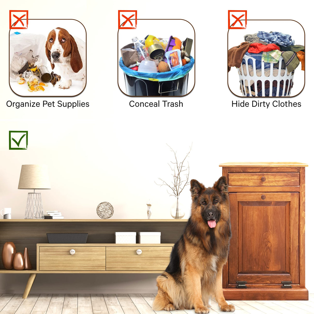 Peaceful Classics Trash Bin Cabinet - Handmade Hideaway Cabinet for Trash Cans - Decorative Bathroom Trash Can, Office Trash Can, and Bedroom Trash Can - Wooden Tilt Out Trash Bin (Cherry) Peaceful Classics