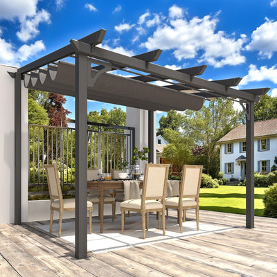 AECOJOY 10' x 8' Gazebo for Patio, Retractable Pergola with Adjustable Sun Shade Canopy Roof, Small Wall-Mounted Lean to Outdoor Pergolas and Gazebos Clearance, Metal Awnings for Decks, Patio