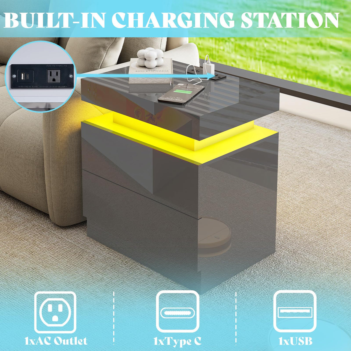 AMERLIFE High Gloss LED Nightstand Set of 2 with Charging Station, Modern Bedside Table Night Stand with LED Lights, Sofa End Side Tables with Drawers for Bedroom Living Room, Gray AMERLIFE