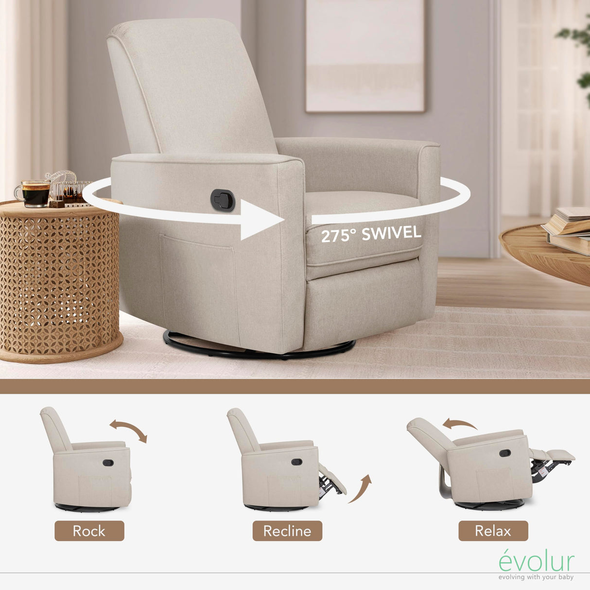 Evolur Raleigh Glider in Light Sand, Upholstered Plush Seating 360° Swivel Glider Rocking Chair, FSC Certified, Greenguard Gold & JPMA Certified Nursery Glider Recliner Evolur