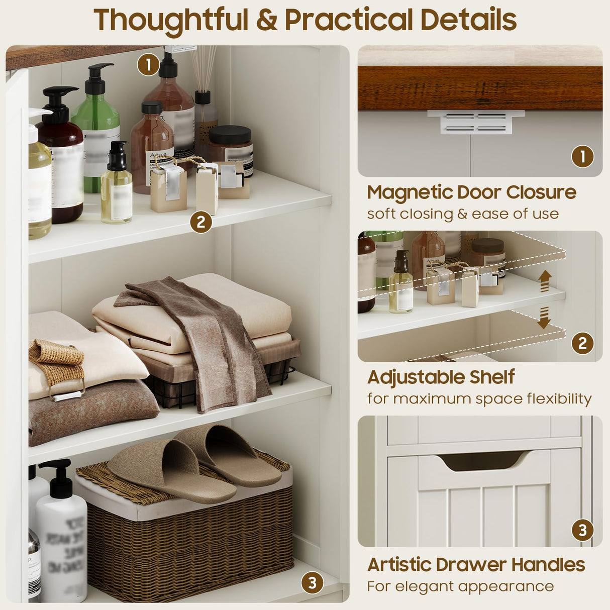 Vabches Farmhouse Bathroom Cabinet, Freestanding Storage Cabinet with 4 Drawers and 2 Doors, Rustic Storage Organizer with Adjustable Shelf for Bathroom, Living Room, Entryway, White Vabches