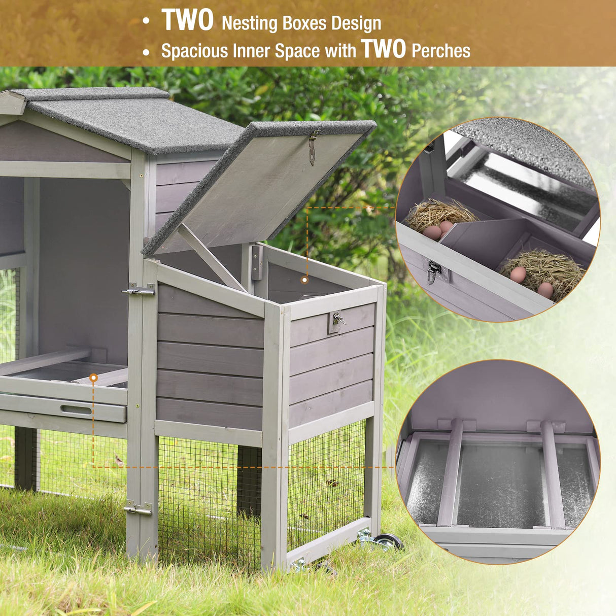 Mobile Chicken Coop with Nesting Box, Outdoor Hen House Poultry Cage with Casters X-Large GUTINNEEN