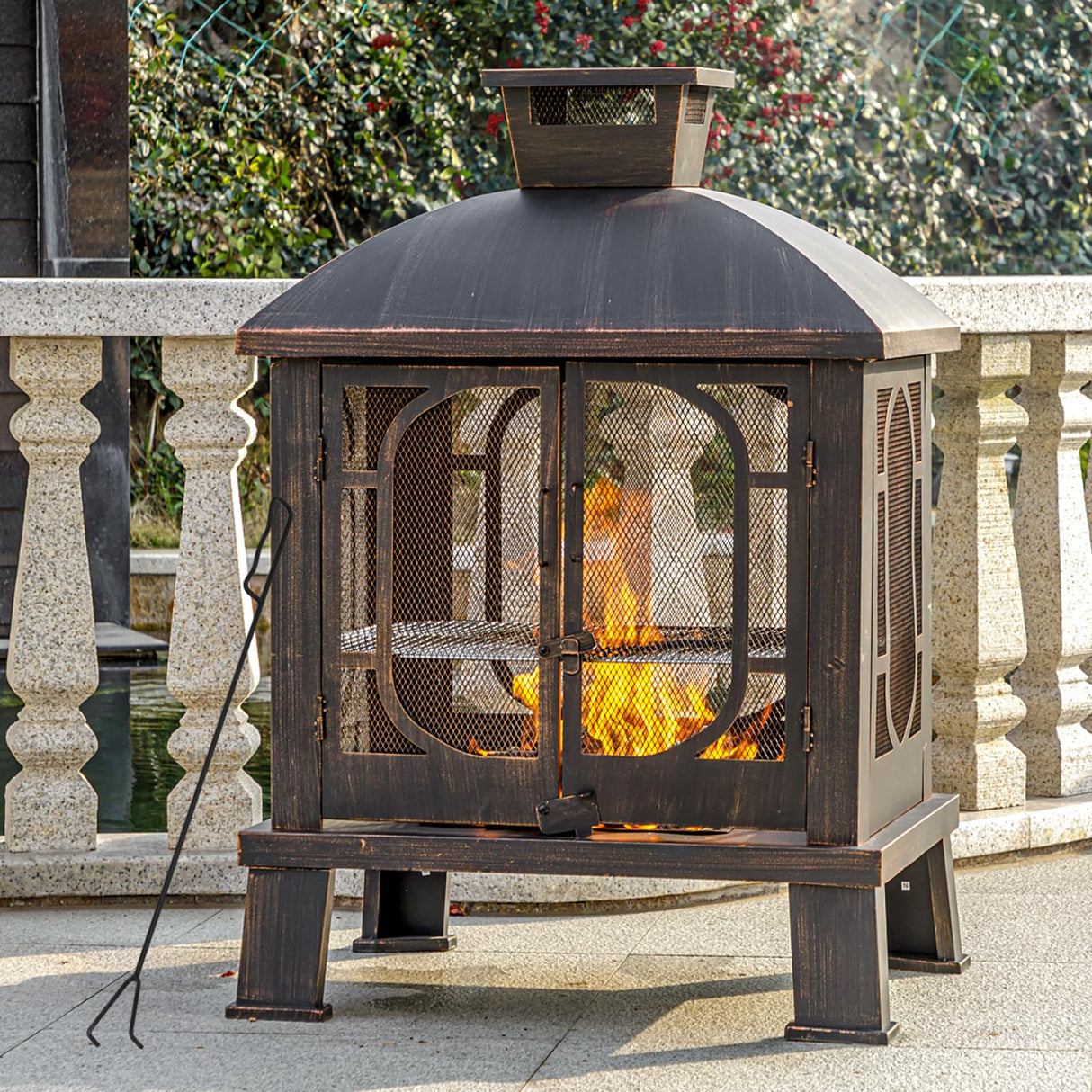 Panovue 45" H×31''W Metal Chiminea Fire Pit with Grill, Wood Burning Fire Pits for Outside,Square Chimineas Fireplace with Mesh Spark Screen Door& Fire Poker for Garden,Yard,BBQ,Bonfire Panovue