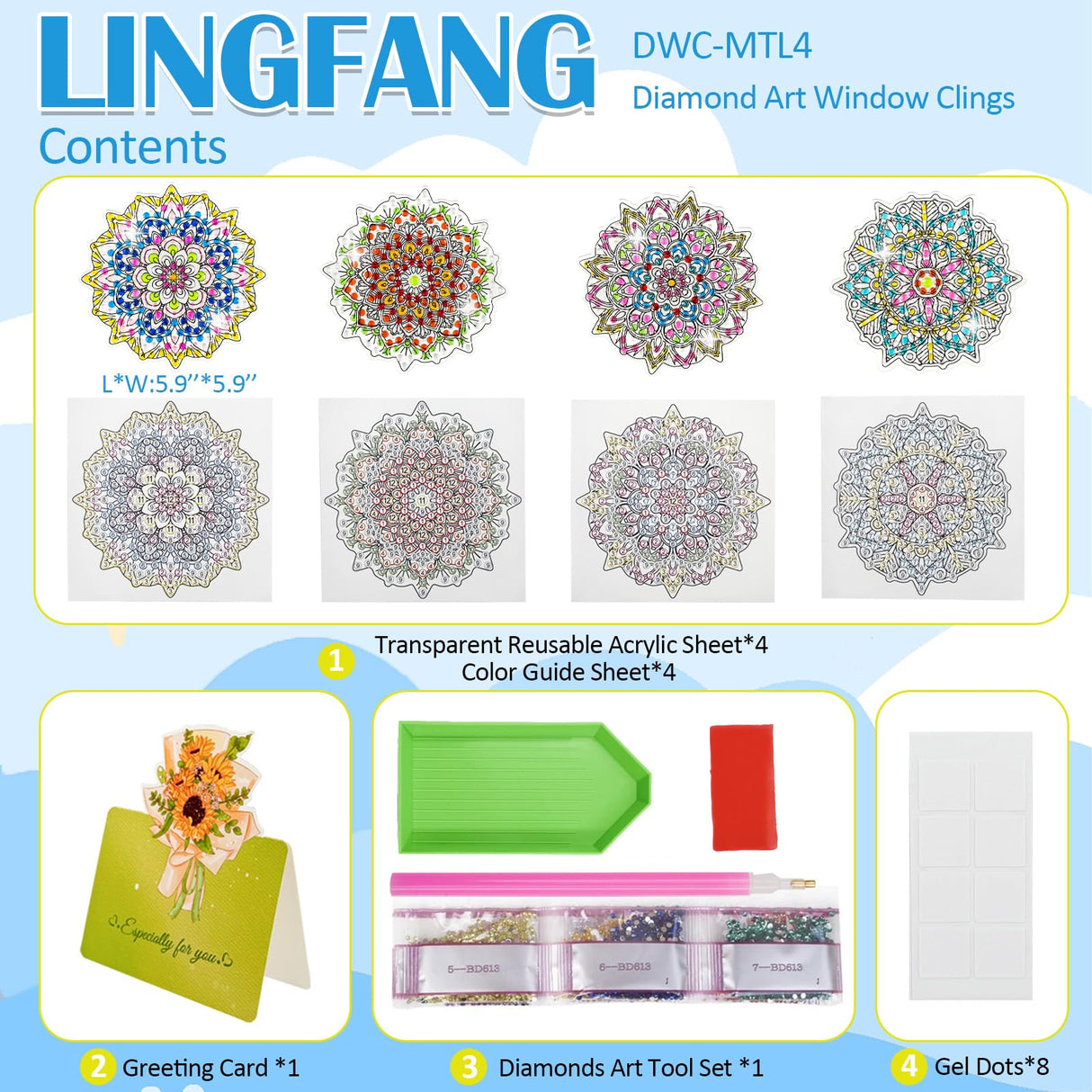 LINGFANG 4 Pcs Diamond Art Stained Glass Window Clings with Diamond DIY Pen Tools, Diamond Painting Window Stickers for Suncatchers, Diamond Art Kits for Adults, Diamond Art Accessories (Mandala 4) LINGFANG