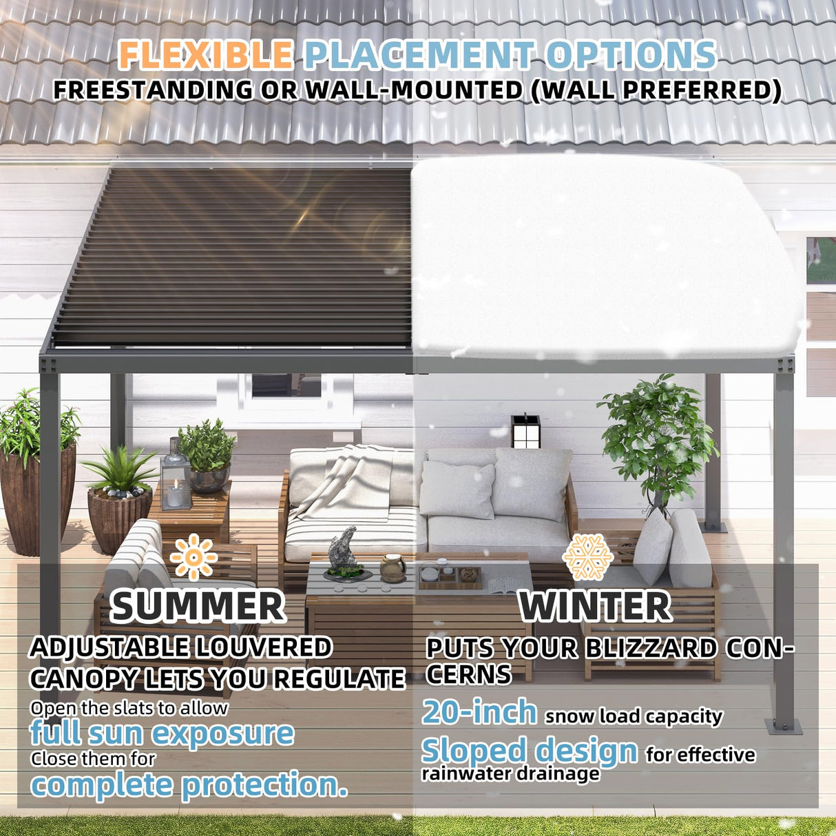 AECOJOY 13' x 10' Louvered Gazebo Pergola, 10x13 Outdoor Hardtop Wall-Mounted Lean to Gazebo with Adjustable Metal Rainproof Patio Roof, Pergolas and Gazebos Clearance, Heavy Duty Awnings for Patio AECOJOY