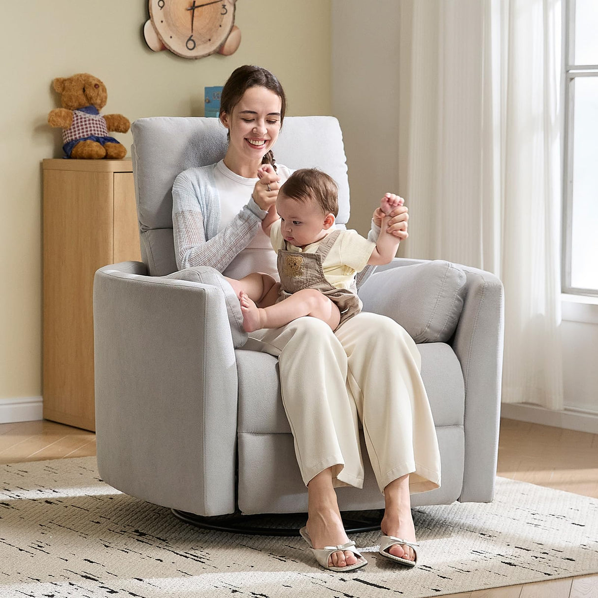 Jocisland Power Recliner Nursery Chair for Adults, Electric Swivel Rocking Glider with USB & Type-C, Soft Fabric Armchair with 2 Pillows, Cozy Reclining Sofa for Living Room, Bedroom, Light Grey Jocisland
