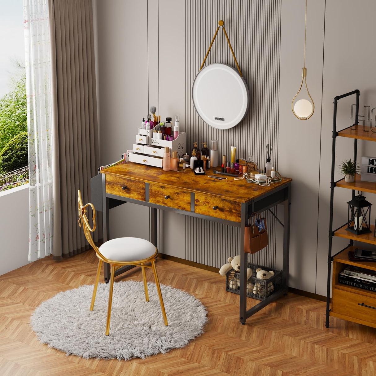 Lufeiya 40 Inch Desk with Drawers for Bedroom - 39 Inch Home Office Desks with 3 Fabric Storage Drawer and Pocket, Study Writing Table Rustic Computer Desk, Vintage Brown Lufeiya