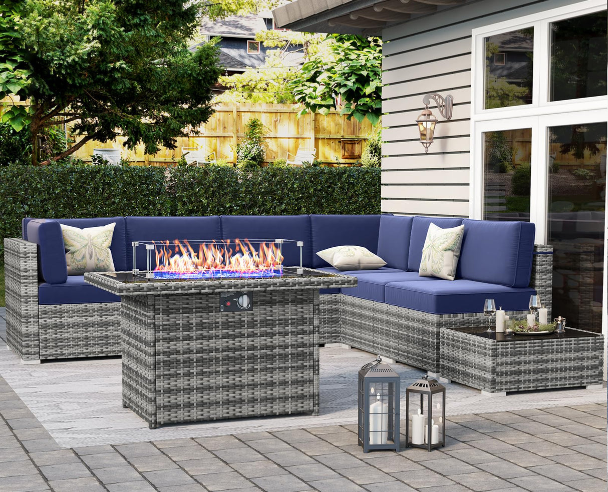 LayinSun 8 Piece Patio Furniture Set with 44" Propane Gas Fire Pit Table, Outdoor Sectional Conversation Set Wicker Rattan Sofa Set with Coffee Table LayinSun