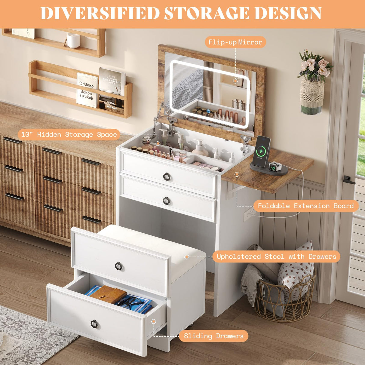 AMERLIFE 3-in-1 Makeup Vanity with Sliding Stool, Fold-up Panel, Divided Storage & Power Port, Farmhouse Makeup Table with Adjustable LED Light, for Small Space, White & Barnwood AMERLIFE