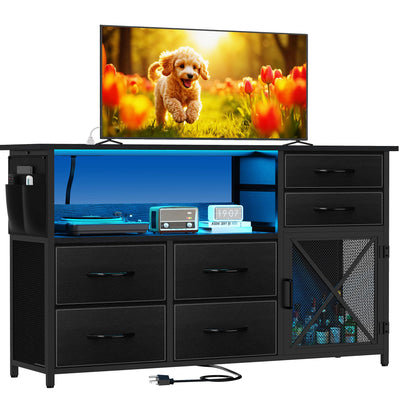 SZLHANJZ Dresser for Bedroom with LED Lights, TV Stand with Charging Station for 50 inch TV, 6 Drawers Chest with Door and Side Storage, Long Metal Dresser Table for Living Room, Black