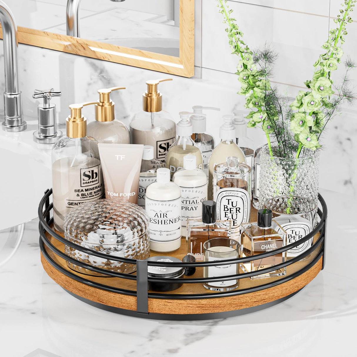 12" Lazy Susan Turntable Organizer - Oak Wood Lazy Susan for Cabinet Kitchen Countertop Dining Table Pantry Cupboard Bathroom Coffee Bar Storage Spice Rack Home Decor OVICAR